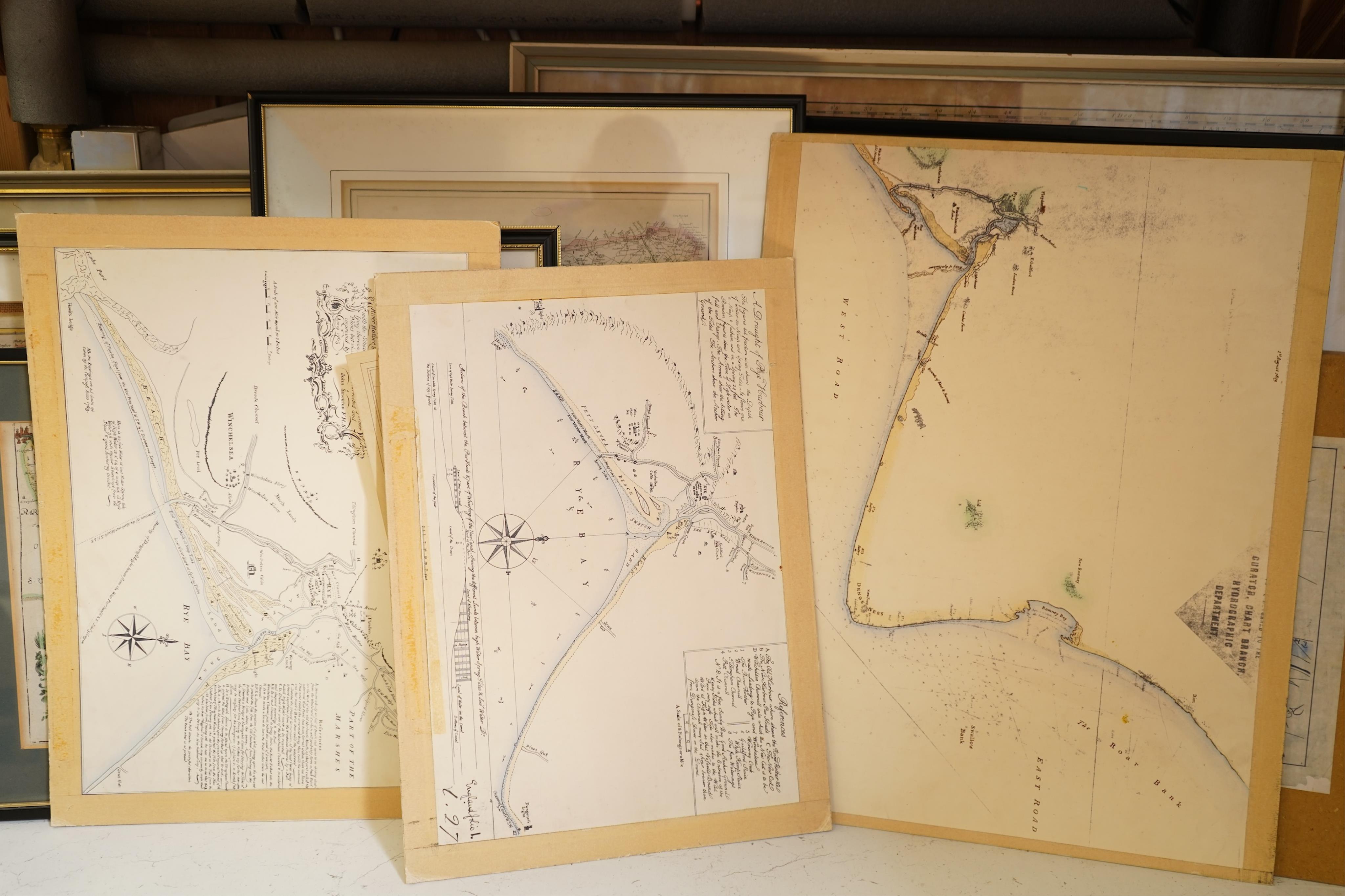 A collection of maps, mostly Kent and Rye harbour to include: Emmanuel Bowen, an accurate map of the County of Kent divided into its lathes, printed for Laurie and Whittle, London, one by Leslie C Benenson and one by Ric